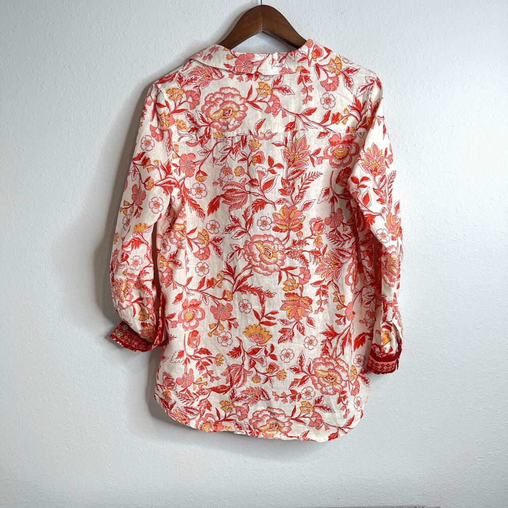 Rachel Zoe 100% Linen Floral Button Front Boho Shirt Top Small Red Salmon Coral - Picture 2 of 11